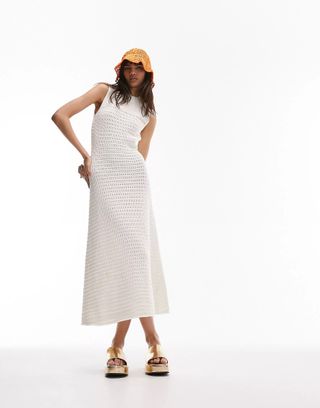 Topshop + Knitted Open Sleeveless Dress in Neutral