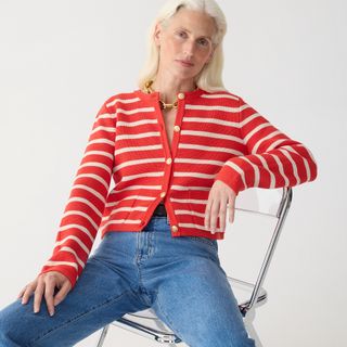 J.Crew + Emilie Patch-Pocket Sweater Lady Jacket in Stripe