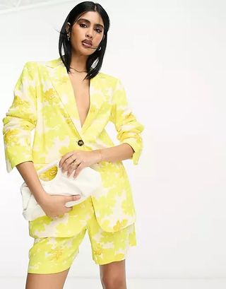 Asos Design + Linen Oversized Floral Printed Slim Fit Suit Blazer in Yellow