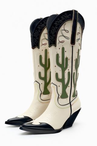 Zara + Contrasting Knee High Cactus Cowboy Boots