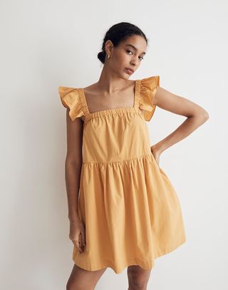 Madewell + Flutter-Sleeve Square-Neck Mini Dress in Autumn Wheat