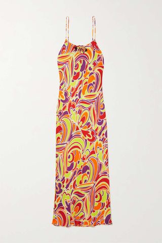Rodarte + Appliquéd Printed Silk-Satin Midi Dress