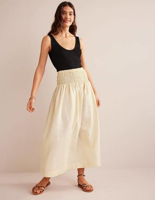 Boden + Shirred Waist Linen Midi Skirt