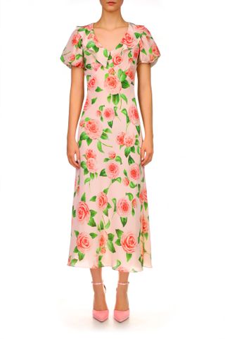Rodarte + Camellia Printed Silk Bias Dress With Ruffle Details