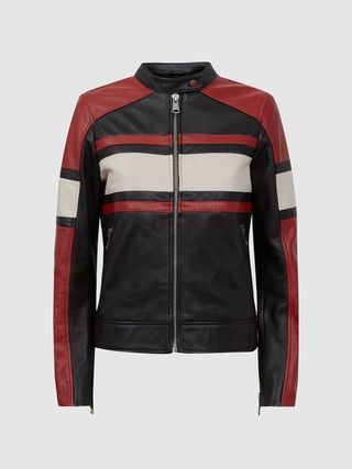 Reiss + Black/Red Rae Leather Collarless Zip-Through Jacket