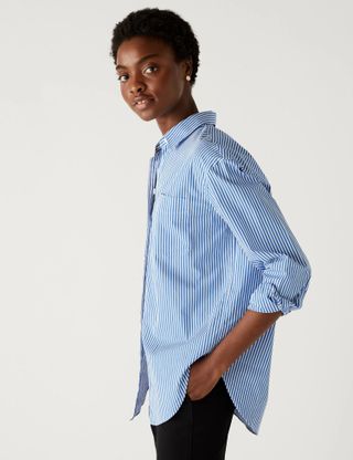 M&S Collection + Pure Cotton Striped Oversized Girlfriend Shirt