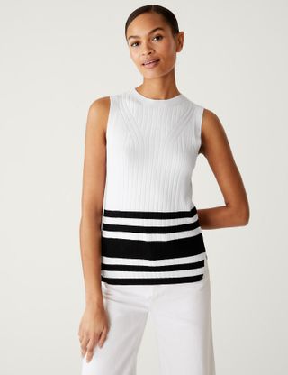 M&S Collection + Striped Crew Neck Fitted Knitted Vest