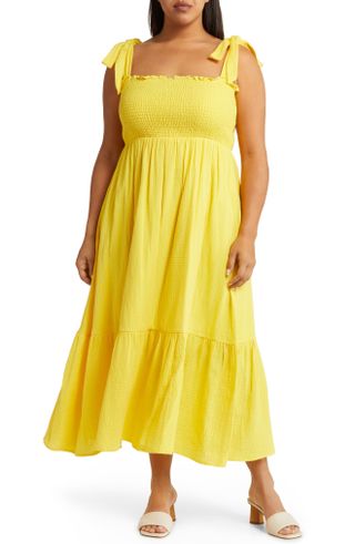 Caslon + Smocked Tie Strap Cotton Gauze Midi Sundress