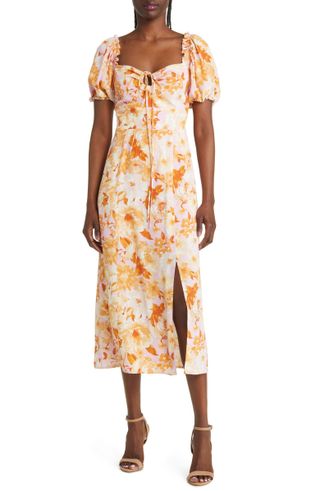 Charles Henry + Floral Puff Sleeve Midi Dress