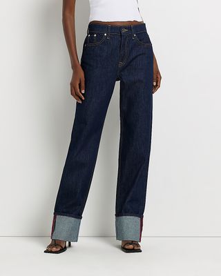 River Island + Navy Denim Mid Rise Wide Leg Jeans