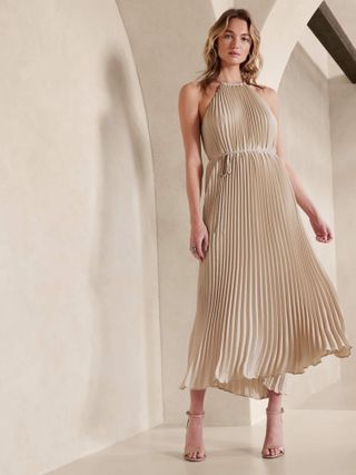 Banana Republic Factory + Halter Pleated Maxi Dress in Oyster Pearl