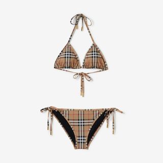 Burberry + Check Stretch Nylon Triangle Bikini in Archive Beige