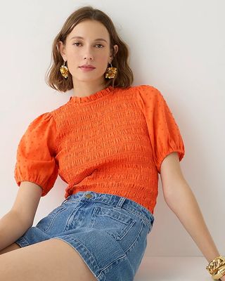 J.Crew + Puff-Sleeve Textured Voile Smocked Top