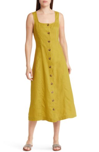 Madewell + Button Front Linen Midi Dress