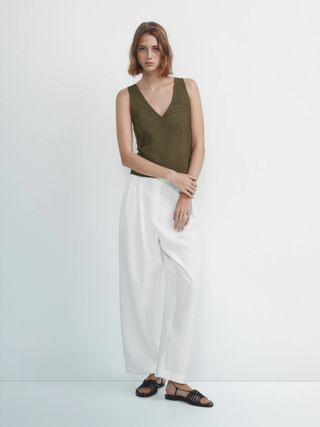 Massimo Dutti + Linen and Cotton Blend Trousers With Double Dart Detail
