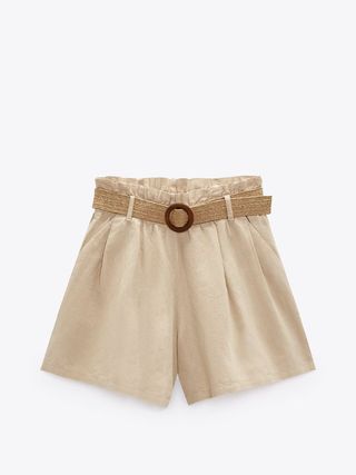 Zara + Linen Blend Paper Bag Bermuda Shorts