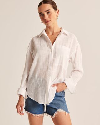 Abercrombie & Fitch + Oversized Sheer Cross Hatch Textured Shirt