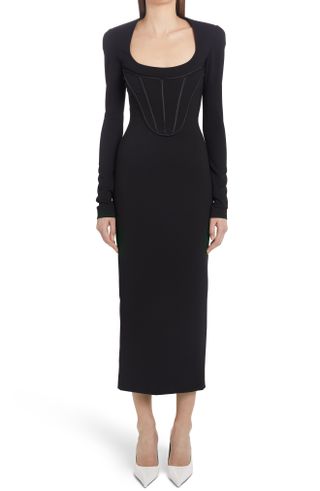 Versace + Corset Detail Long Sleeve Jersey Midi Dress