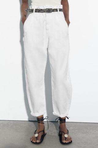 Zara + High-Waisted Belted Baggy Paperbag Jeans