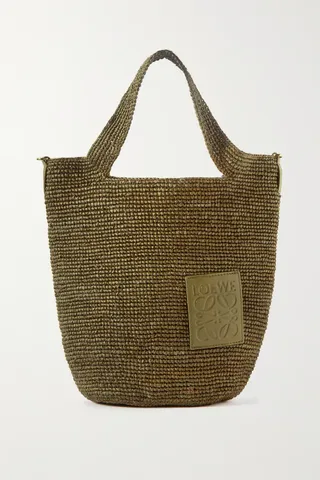 Loewe x Paula's Ibiza + Slit Leather-Trimmed Woven Raffia Tote