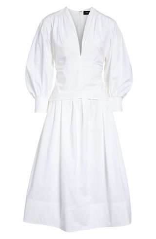 Proenza Schouler + V-Neck Long Sleeve Cotton Poplin Midi Dress