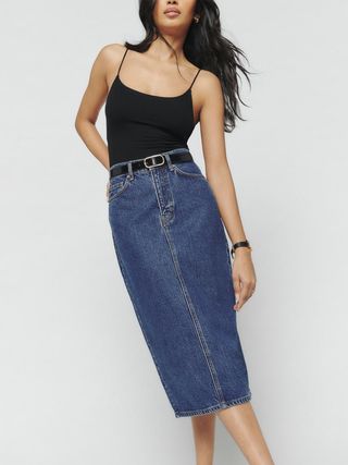 Reformation + Jayde High Rise Denim Midi Skirt