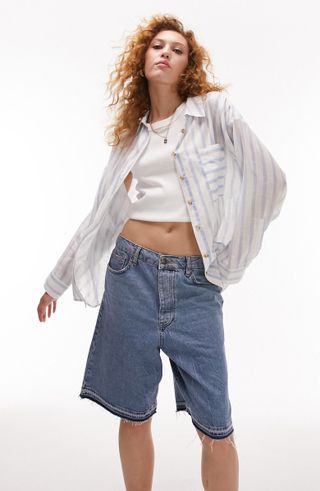 Topshop + Stripe Oversize Cotton & Linen Button-Up Shirt