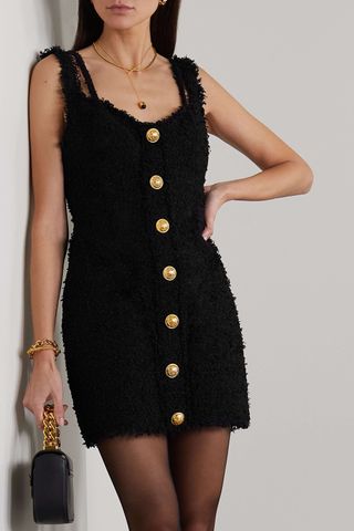 Balmain + Button-Embellished Tweed Mini Dress