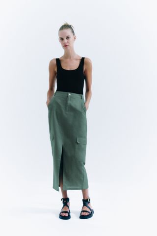 Zara + Linen Blend Cargo Midi Skirt