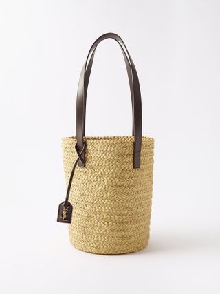 Saint Laurent + Panier Small Leather-Trim Raffia Basket Bag