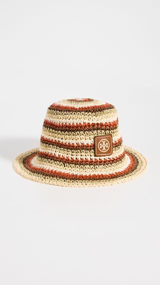 Tory Burch + Striped Raffia Bucket Hat
