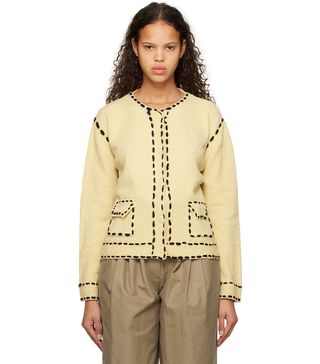 Theopen Product + Beige Contrast Stitched Cardigan