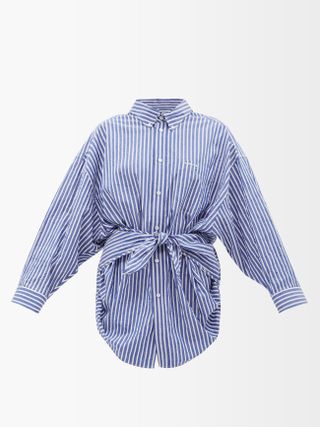 Balenciaga + Tie-Waist Striped Crinkled Cotton-Poplin Shirt