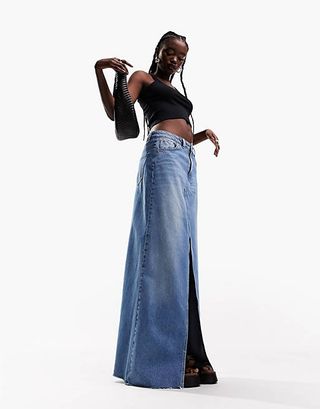 ASOS Design + Lightweight Denim Maxi Skirt With Split Front in Blue