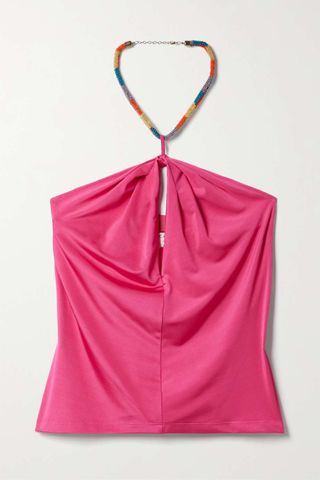 Veronica Beard + Akeeva Bead-Embellished Stretch-Jersey Halterneck Top