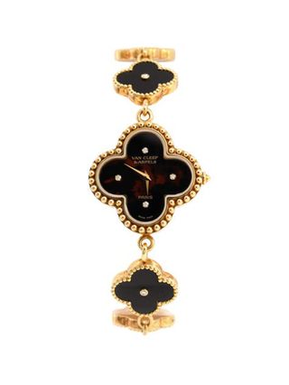 Van Cleef & Arpels + Vintage Alhambra Quartz Watch Yellow Gold and Onyx With Diamond Markers 26