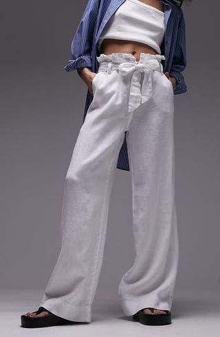 Topshop + Paperbag Waist Linen Wide Leg Trousers