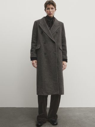 Massimo Dutti + Long Double-Breasted Wool Blend Herringbone Coat