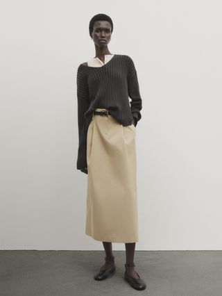 Massimo Dutti + Cotton Blend Darted Midi Skirt