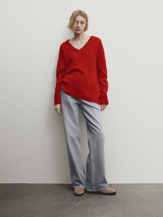 Massimo Dutti + V-Neck Wool Blend Knit Sweater