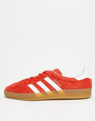 Adidas Originals + Gazelle Indoor Trainers in Red With Gum Sole
