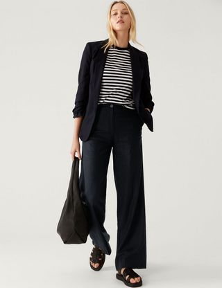 M&S Collection + Linen Blend Wide Leg Trousers