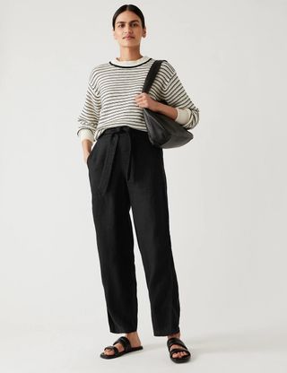 M&S Collection + Pure Linen Printed Belted Balloon Trousers
