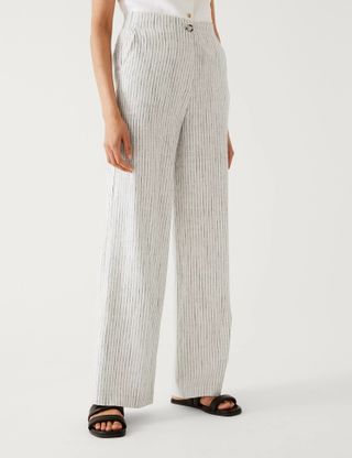 M&S Collection + Linen Blend Striped Wide Leg Trousers