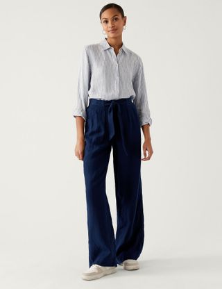 M&S Collection + Pure Linen Belted Wide Leg Trousers