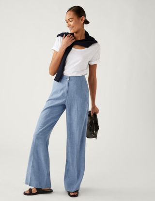 M&S Collection + Linen Blend Striped Wide Leg Trousers