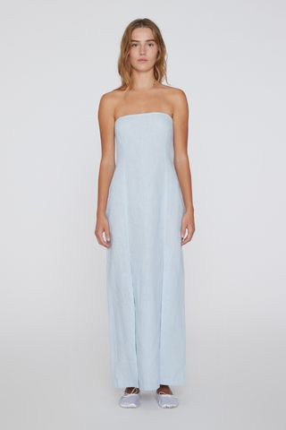 Remain Birger Christensen + Linen Fitted Slit Dress Light Blue