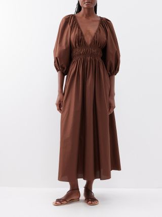 Matteau + Plunge-Neck Shirred Organic-Cotton Dress