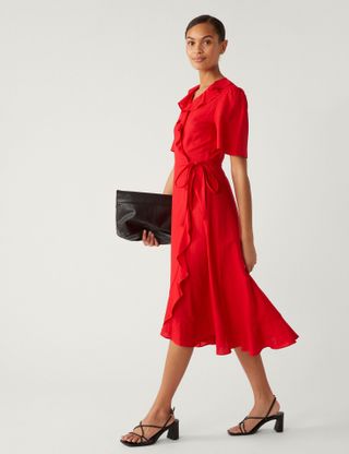 M&S Collection + Linen Rich V-Neck Midi Wrap Dress