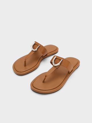 Charles & Keith + Brown Gabine Leather Thong Sandals